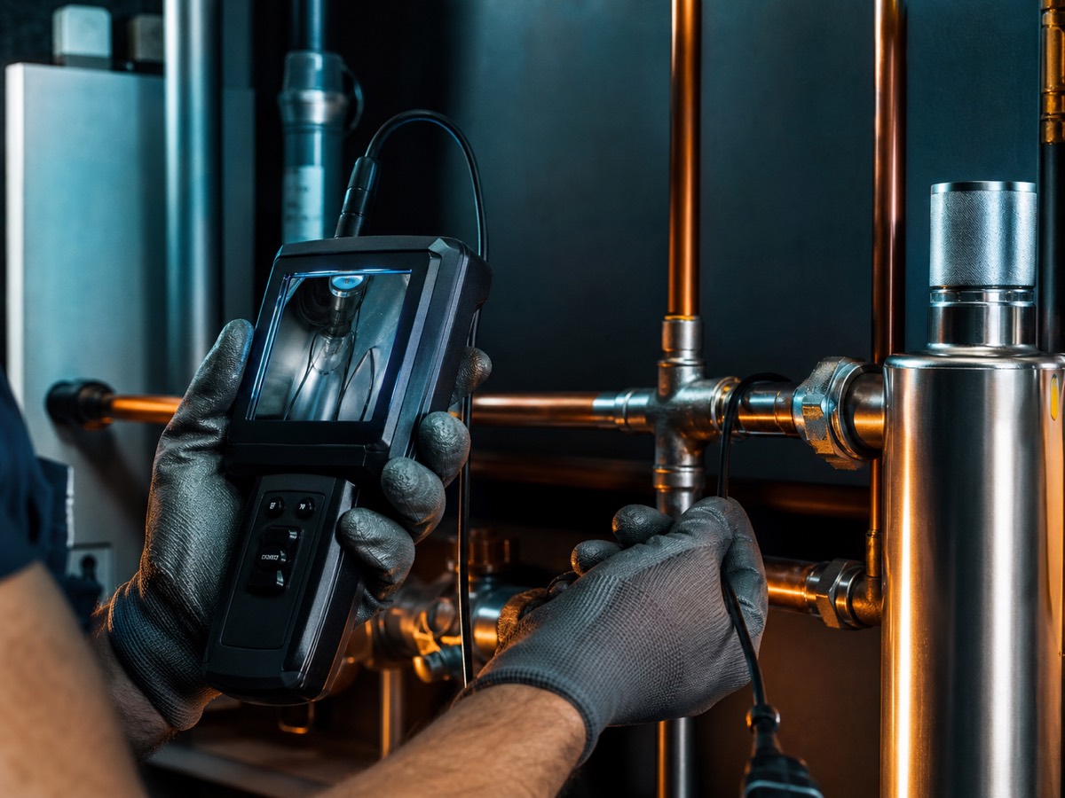 Plumber inspecting residential pipes with diagnostic equipment